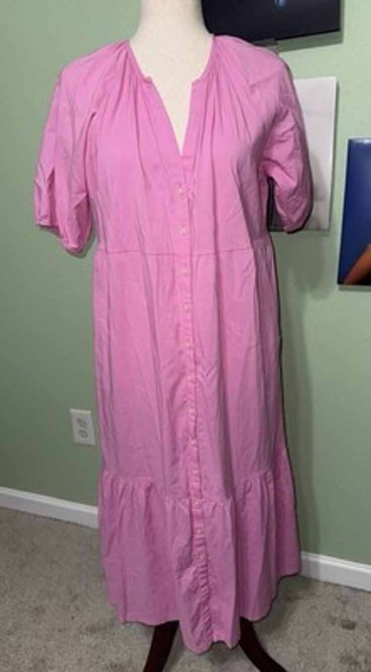 LOFT Petites LP Large Pink Tiered Midi Dress V-Neck Button Front Short Sleeve